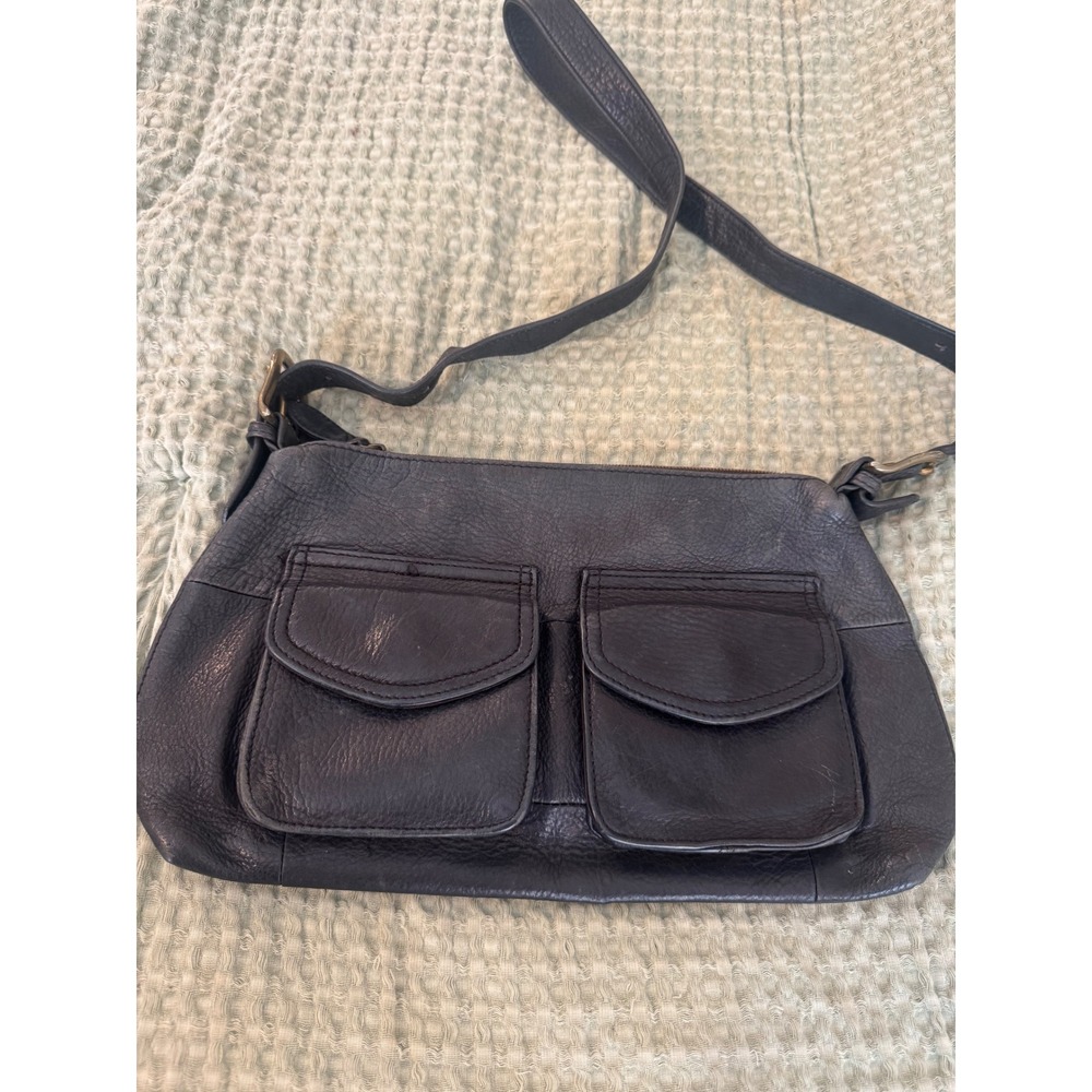Fossil Black Pebbled Leather Crossbody Bag Two Front Pocket 75082 Vintage Style